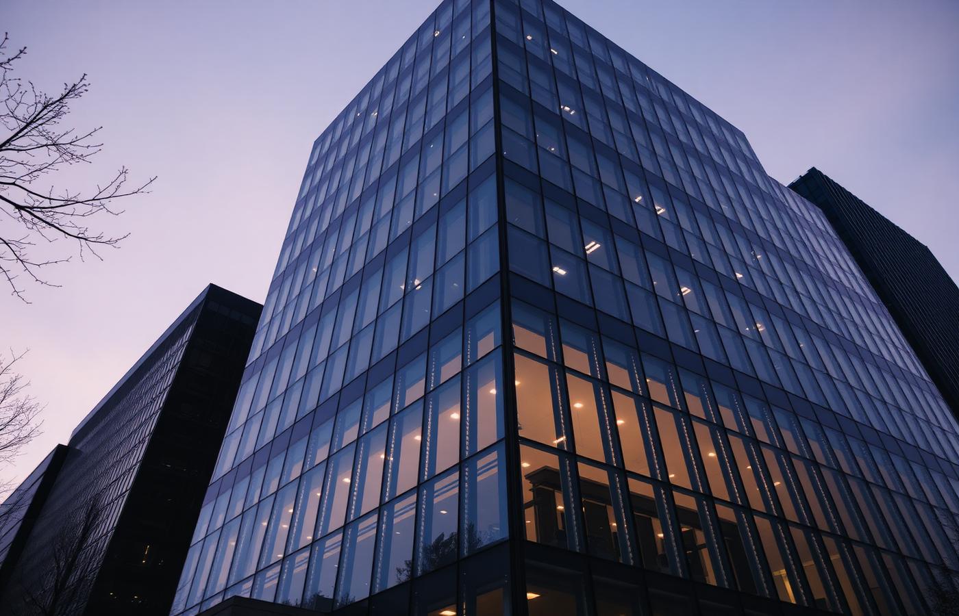 Edificio corporativo de oficinas al atardecer, imagen editorial genérica